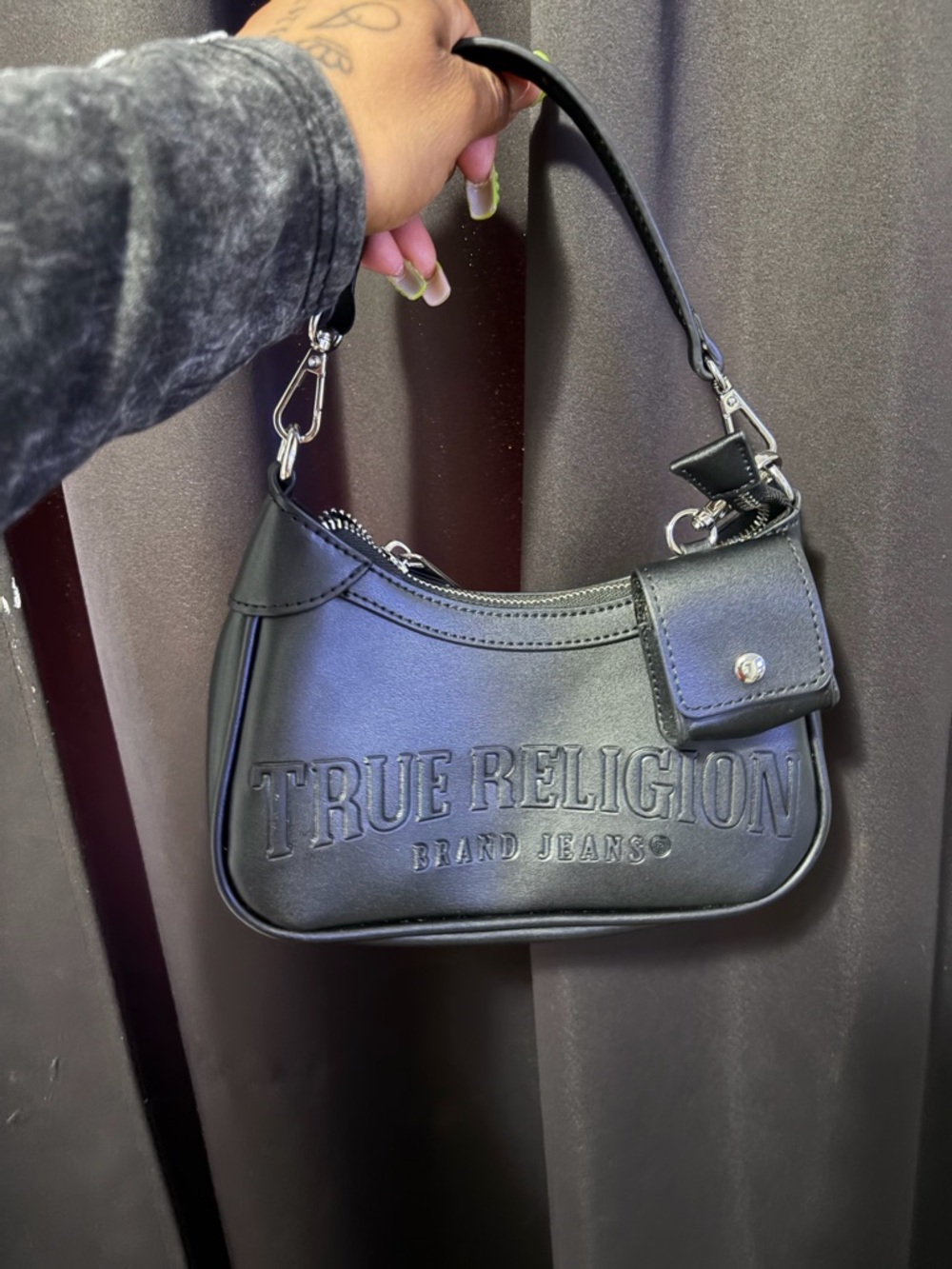 True Religion Black Leather Logo-Embossed Shoulder Bag